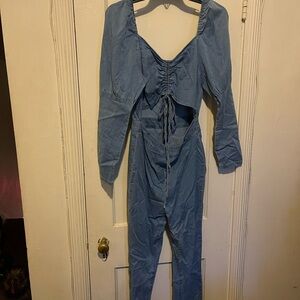 Light Blue Denim-Style Tie-Front Jumpsuit
